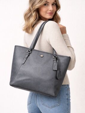 Coach Peyton Saffiano Leather Tote in Metallic Pewter